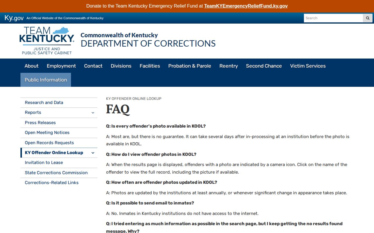 Kentucky Corrections KOOL FAQ explaining offender photo availability and updates