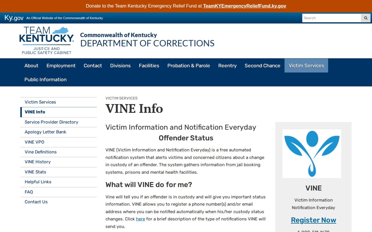 Official Kentucky Department of Corrections VINE information page