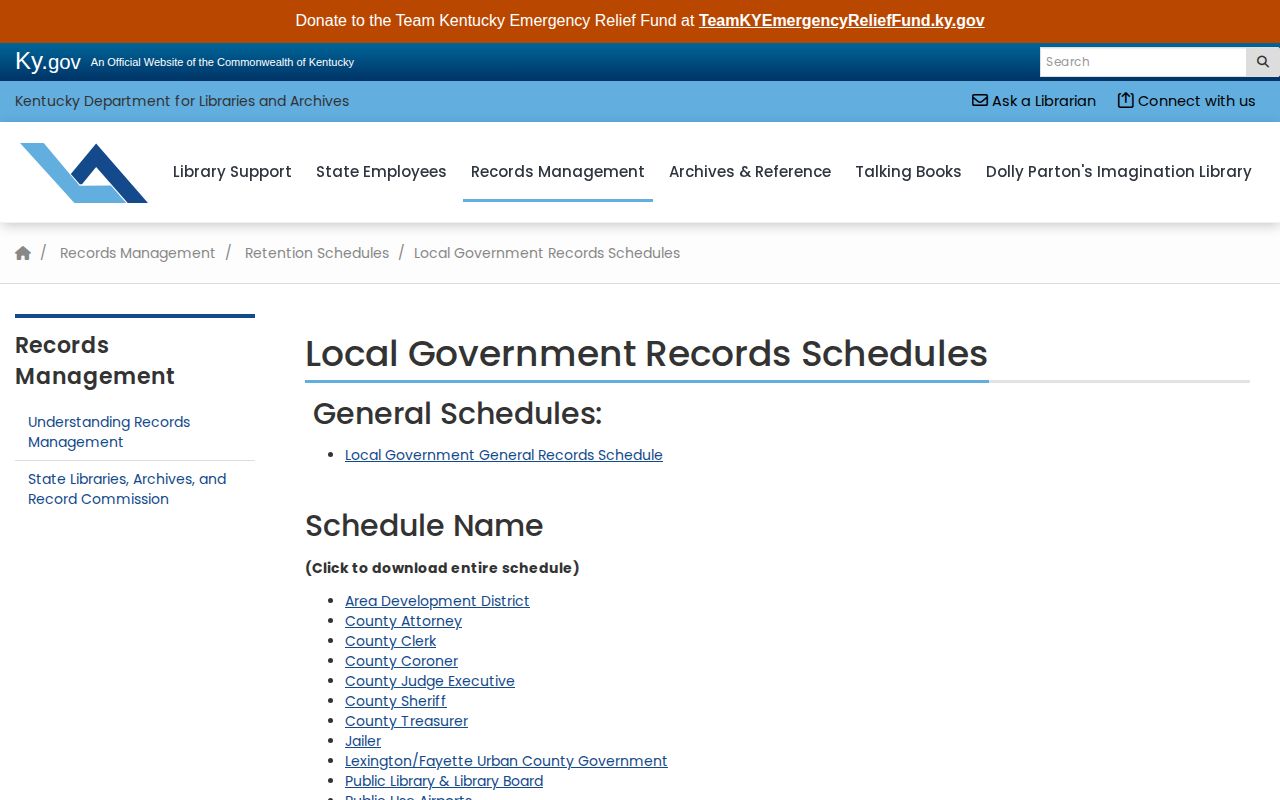 Kentucky state archives local government retention schedules page