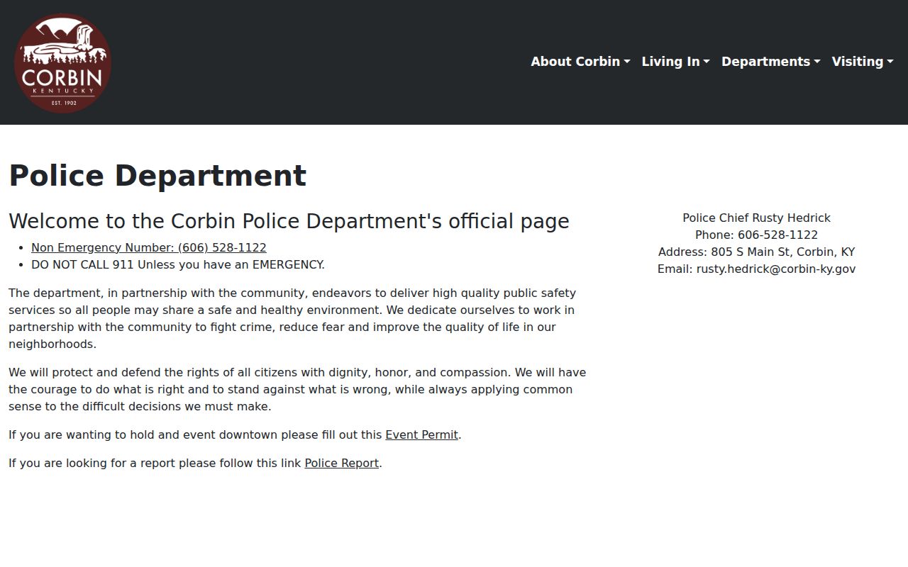 Official Corbin Police Department contact and navigation page